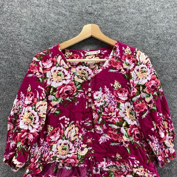 Mila Blouse Women M Medium Pink Floral V-Neck Long Sleeve Button Rayon Casual - Picture 3 of 9
